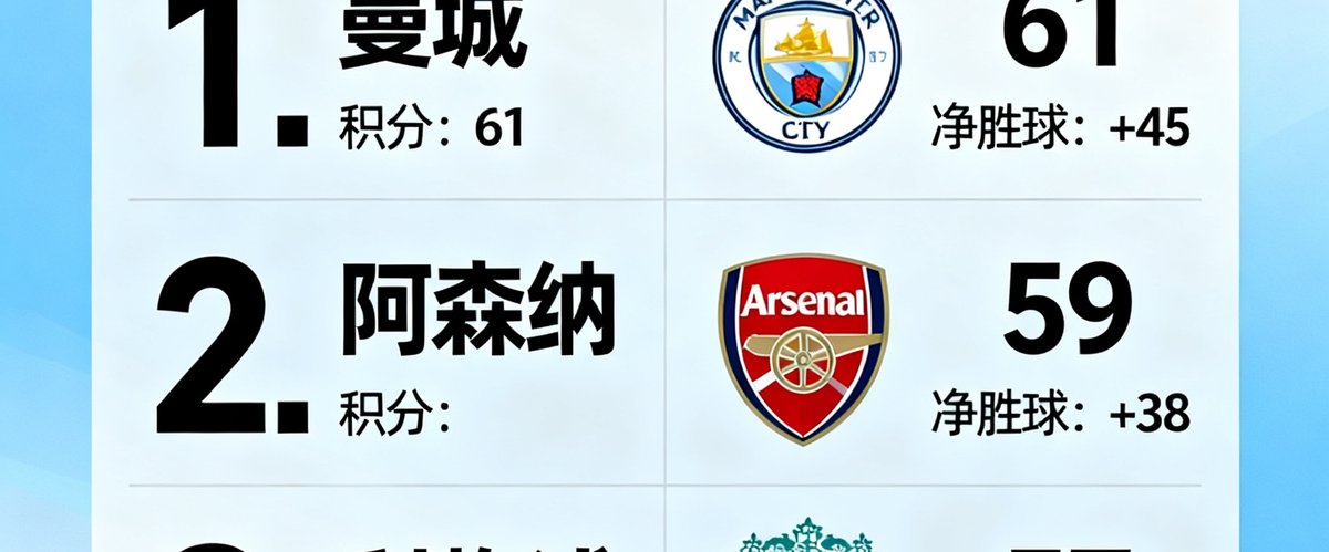 英超最新积分榜前三名曼城61分、阿森纳59分、利物浦57分，净胜球详细列出